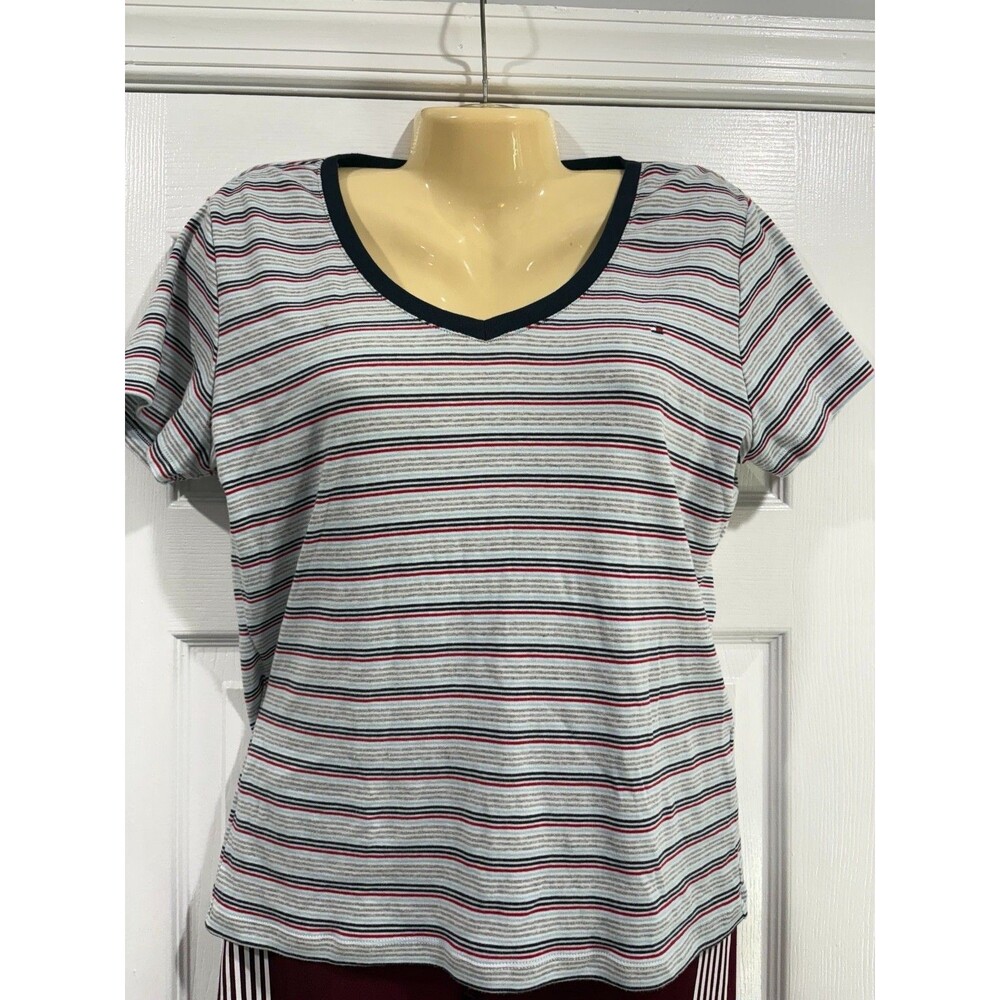 Tommy Hilfiger Womens L Striped V Neck T Shirt 100% Cotton Flag Logo Tee